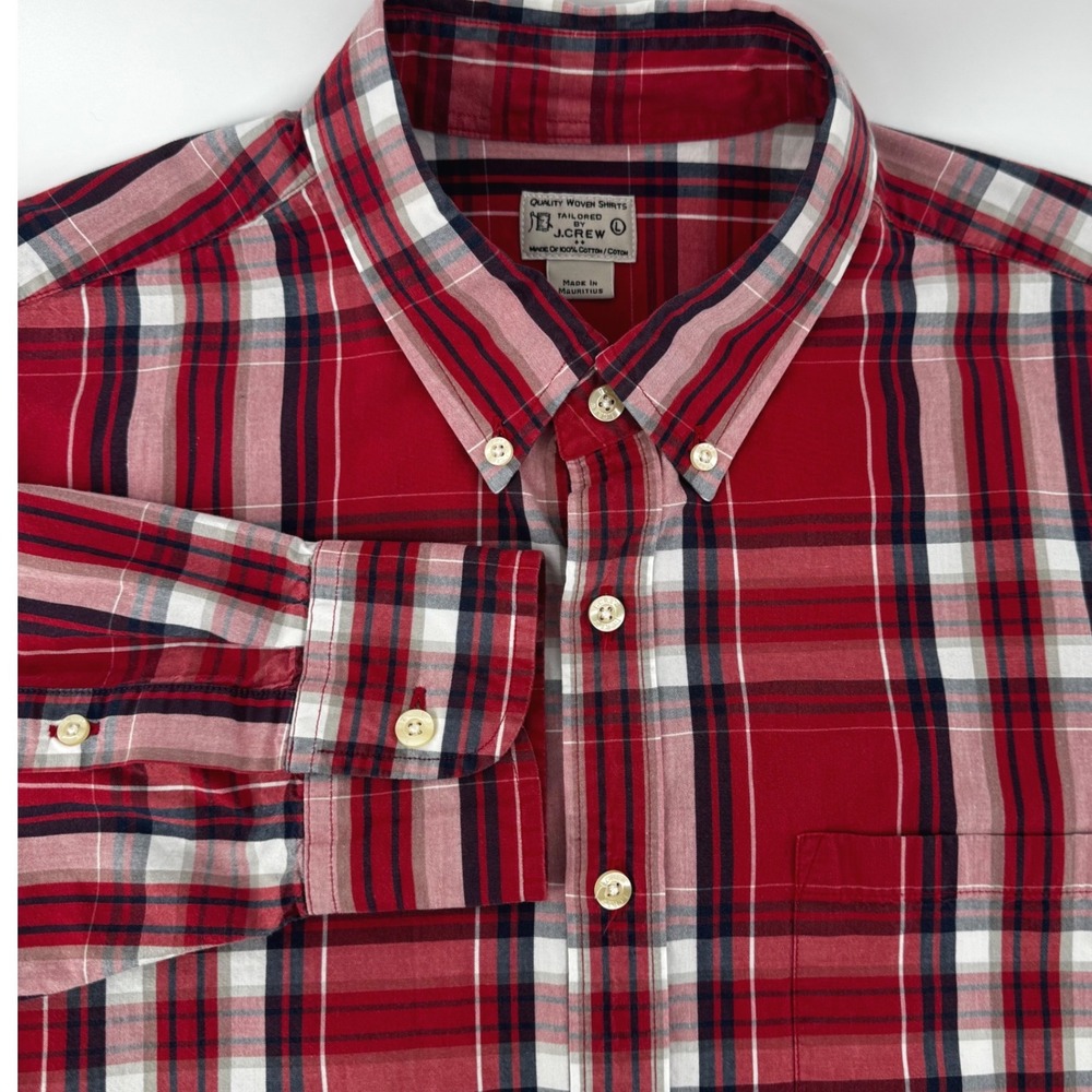 J.Crew Mens Tailored Plaid Button Down Shirt Red White Blue Cotton‎ A0938 Large